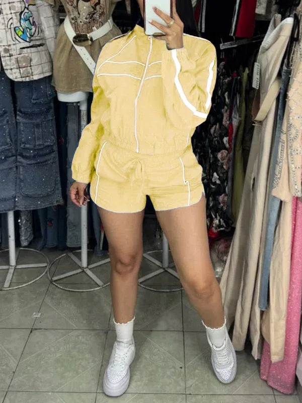 Women's Zip-Front Casual Jacket & High-Waist Shorts Set