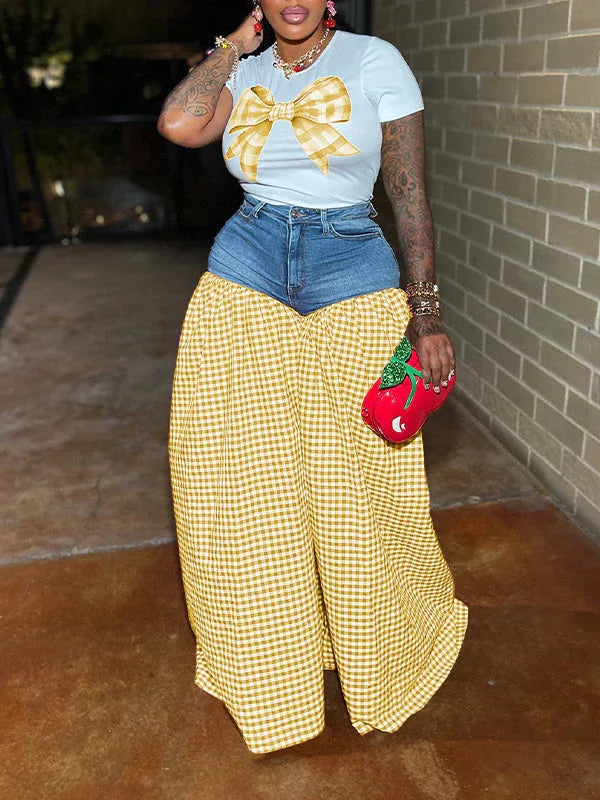 Women's Bowknot Embellished Tee & Patchwork Wide-Leg Pants Set