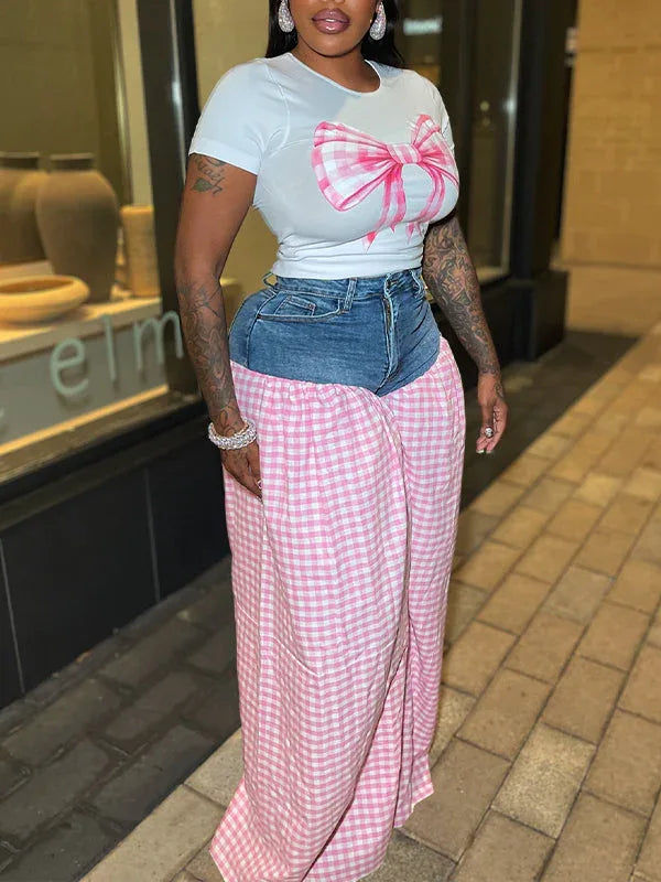 Women's Bowknot Embellished Tee & Patchwork Wide-Leg Pants Set