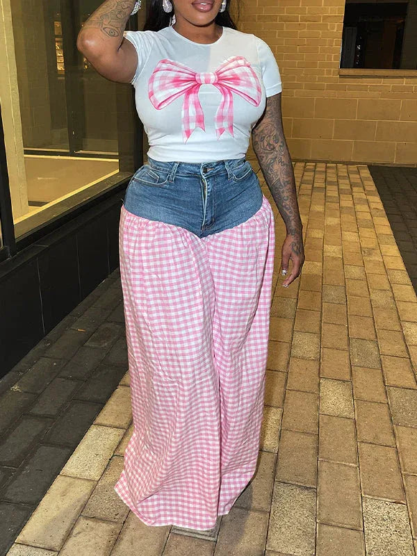 Women's Bowknot Embellished Tee & Patchwork Wide-Leg Pants Set