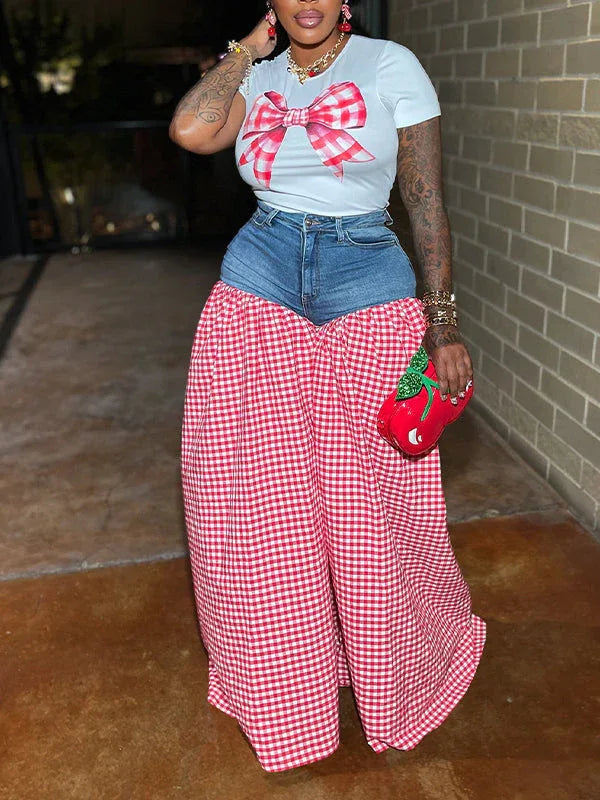Women's Bowknot Embellished Tee & Patchwork Wide-Leg Pants Set