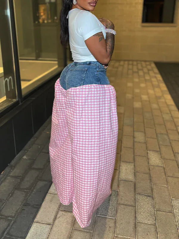 Women's Bowknot Embellished Tee & Patchwork Wide-Leg Pants Set