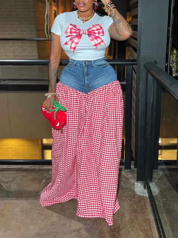 Women's Bowknot Embellished Tee & Patchwork Wide-Leg Pants Set