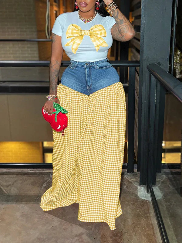 Women's Bowknot Embellished Tee & Patchwork Wide-Leg Pants Set