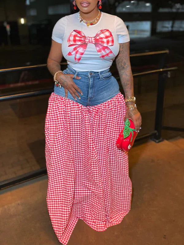 Women's Bowknot Embellished Tee & Patchwork Wide-Leg Pants Set