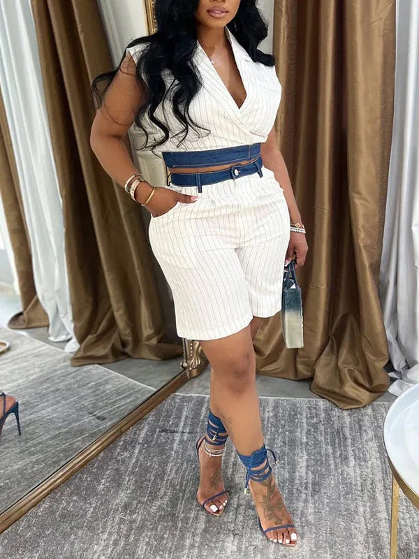 Women's Denim Patchwork Striped Vest & Casual Shorts Set