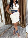 Women's Denim Patchwork Striped Vest & Casual Shorts Set