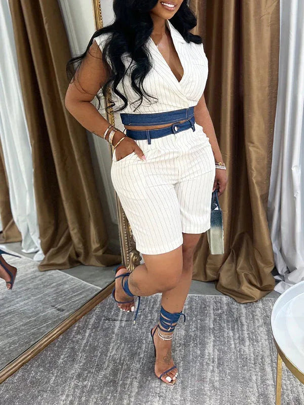 Women's Denim Patchwork Striped Vest & Casual Shorts Set