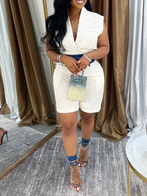 Women's Denim Patchwork Striped Vest & High-Waist Shorts Set