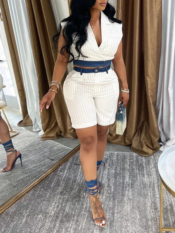 Women's Denim Patchwork Striped Vest & Casual Shorts Set