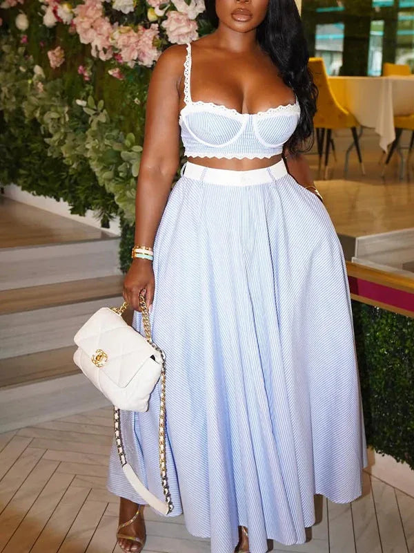Women's Striped Bandeau Crop Top & High-Waist Mini Skirt Set