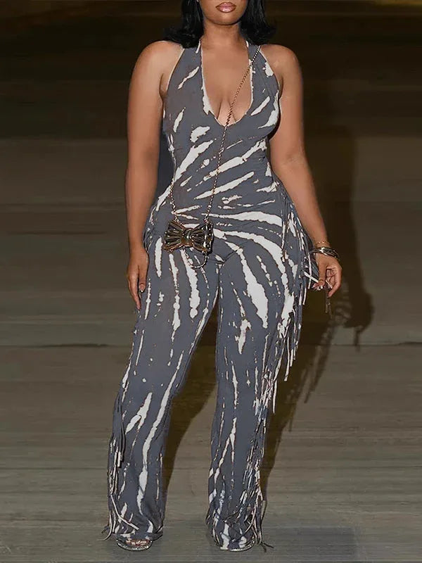 Women's Printed Boho Fringe Halter Neck Wide-Leg Jumpsuit