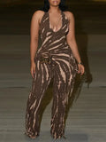 Women's Printed Boho Fringe Halter Neck Wide-Leg Jumpsuit