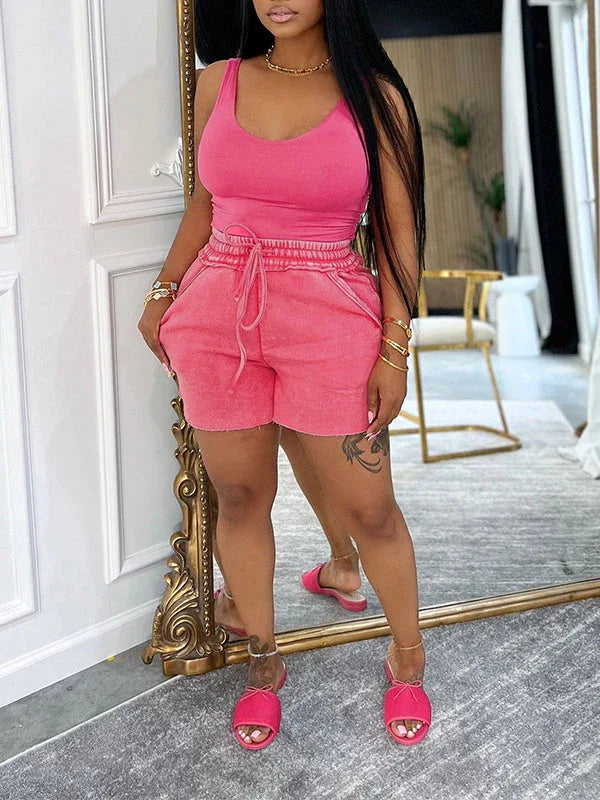 Women's Sleeveless Tank Top & Washed High-Waist Shorts Set
