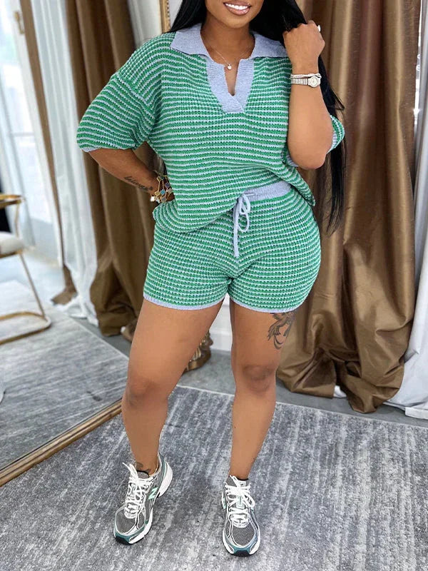 Women's Striped Ribbed Knit Polo Tee & High-Waist Shorts Set