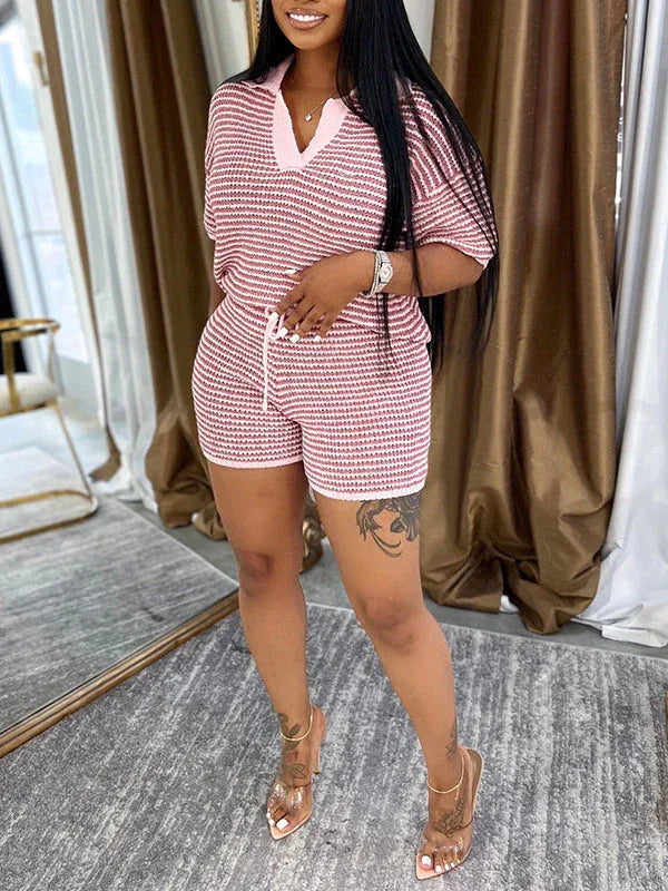 Women's Striped Ribbed Knit Polo Tee & High-Waist Shorts Set