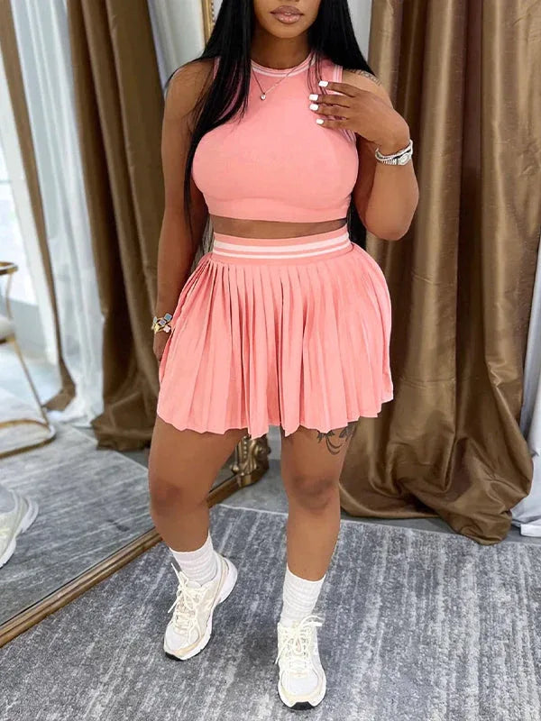 Women's Piping-Trim Tank Top & High-Waist Pleated Mini Skirt Set