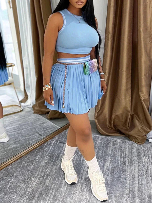 Women's Piping-Trim Tank Top & High-Waist Pleated Mini Skirt Set