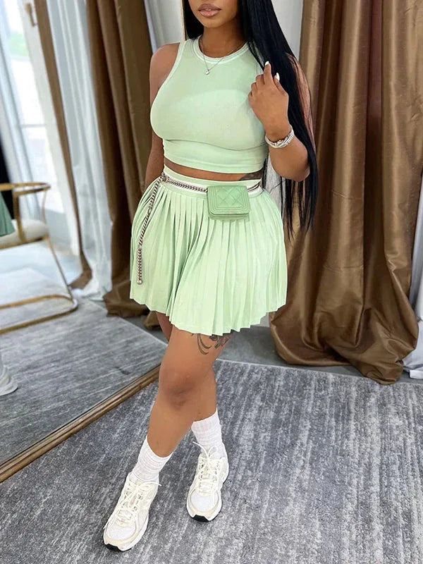 Women's Piping-Trim Tank Top & High-Waist Pleated Mini Skirt Set