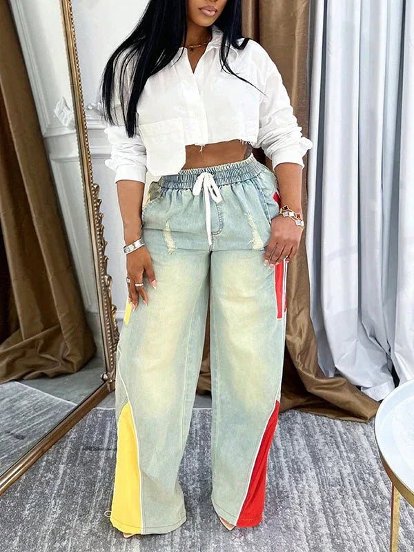 Women's Colorblock Patchwork Straight-Leg Denim Jeans