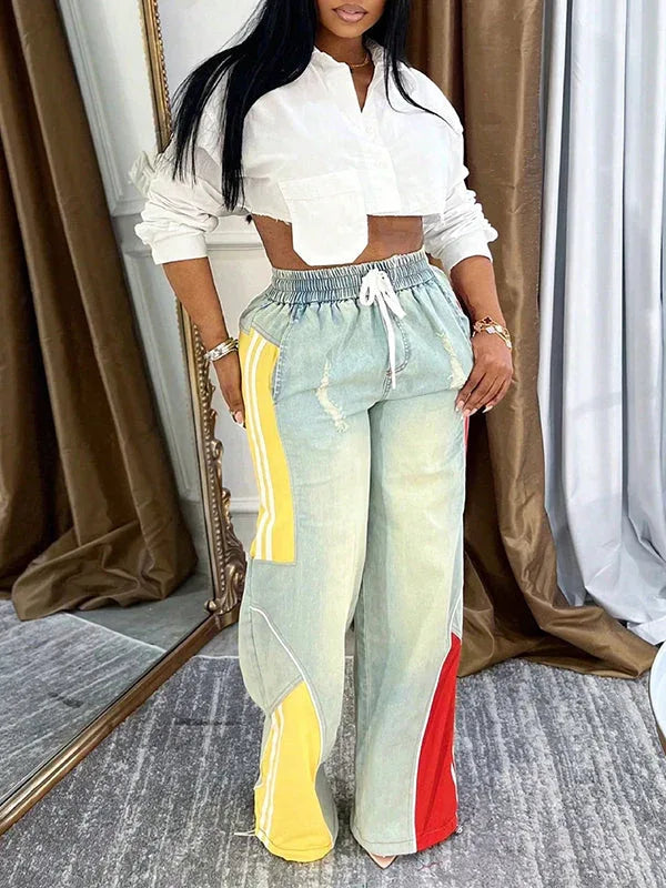 Women's Colorblock Patchwork Straight-Leg Denim Jeans