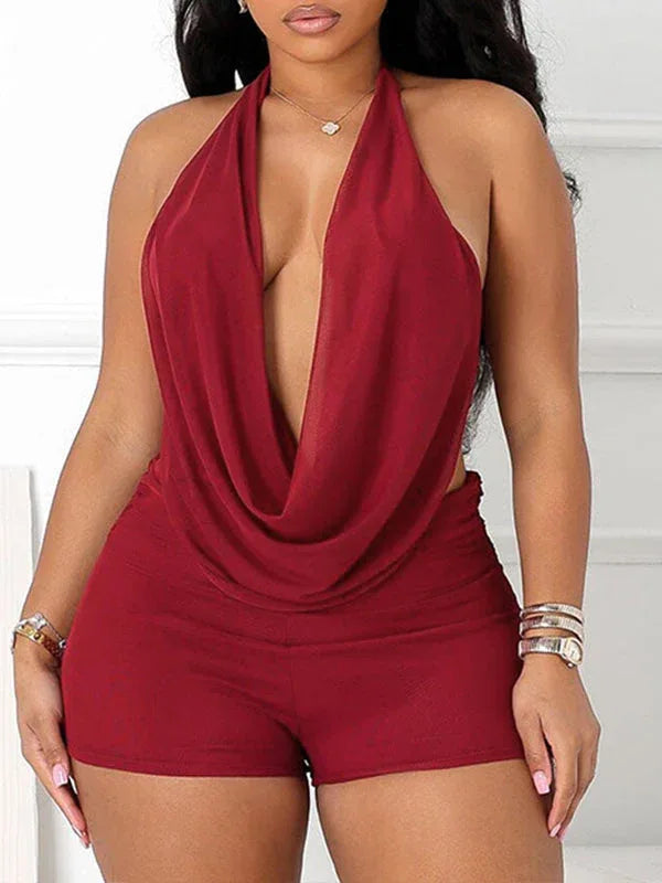 Women's Solid Halter Neck Crop Top & High-Waist Shorts Set
