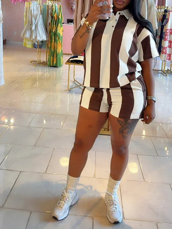 Women's Striped Polo Collar Tee & High-Waist Shorts Set