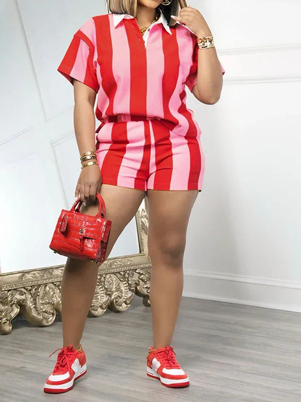 Women's Striped Polo Collar Tee & High-Waist Shorts Set