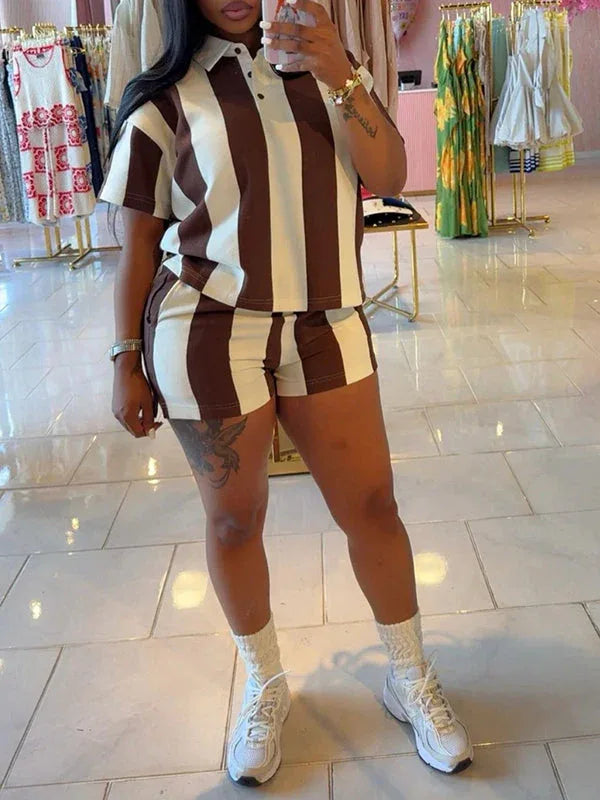 Women's Striped Polo Collar Tee & High-Waist Shorts Set