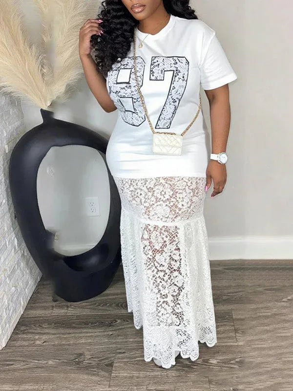 "87" Number Print Lace Hem Maxi Dress