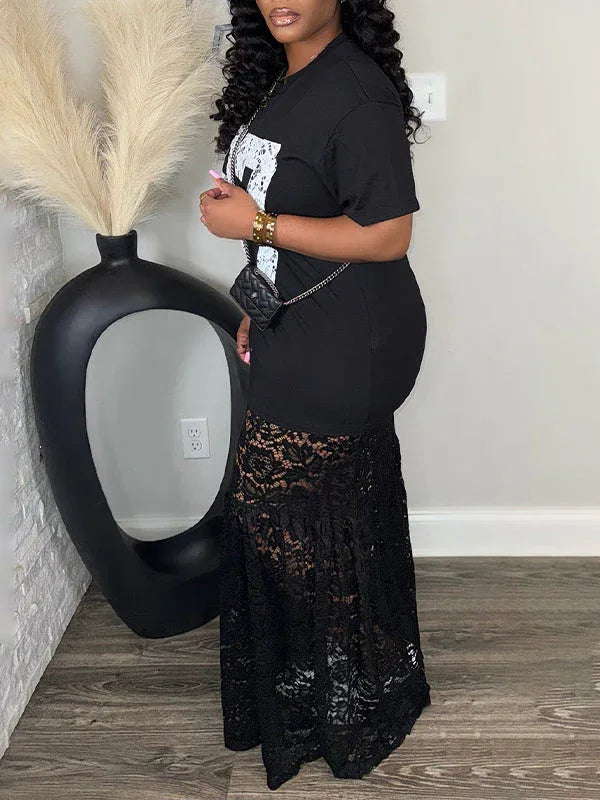 "87" Number Print Lace Hem Maxi Dress