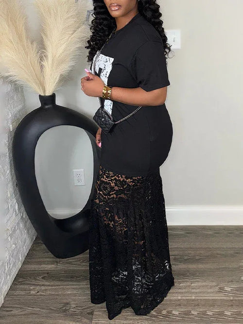 "87" Number Print Lace Hem Maxi Dress