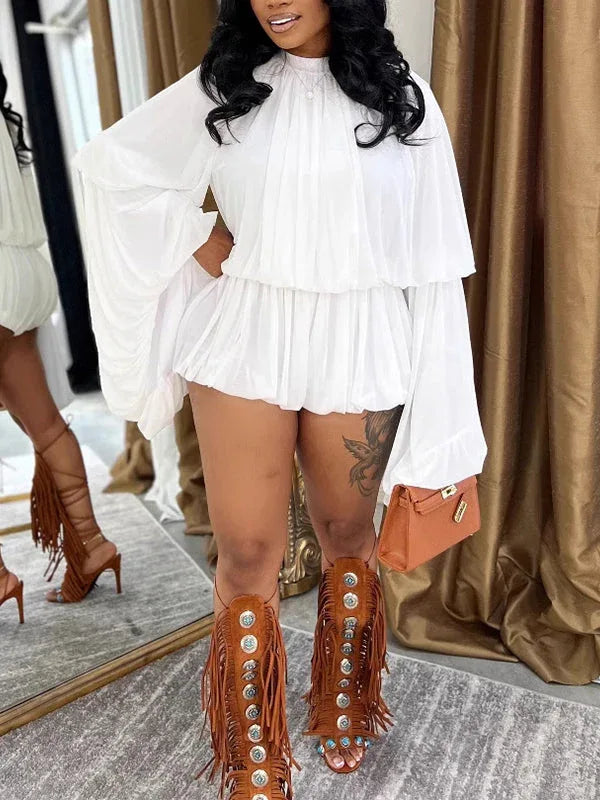 Women's Bell-Sleeve Ruched Crop Top & High-Waist Shorts Set