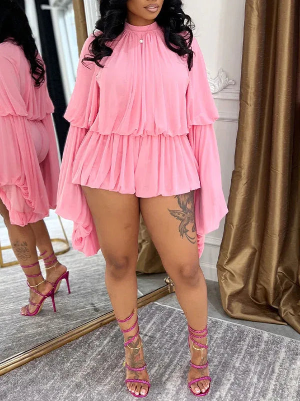 Women's Bell-Sleeve Ruched Crop Top & High-Waist Shorts Set