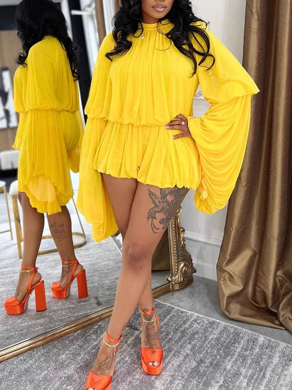 Women's Bell-Sleeve Ruched Crop Top & High-Waist Shorts Set