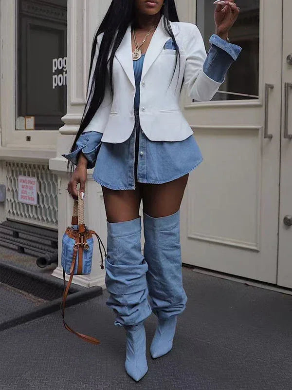Women's Denim Patchwork Tailored Single-Button Blazer