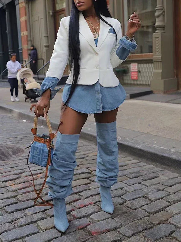 Women's Denim Patchwork Tailored Single-Button Blazer