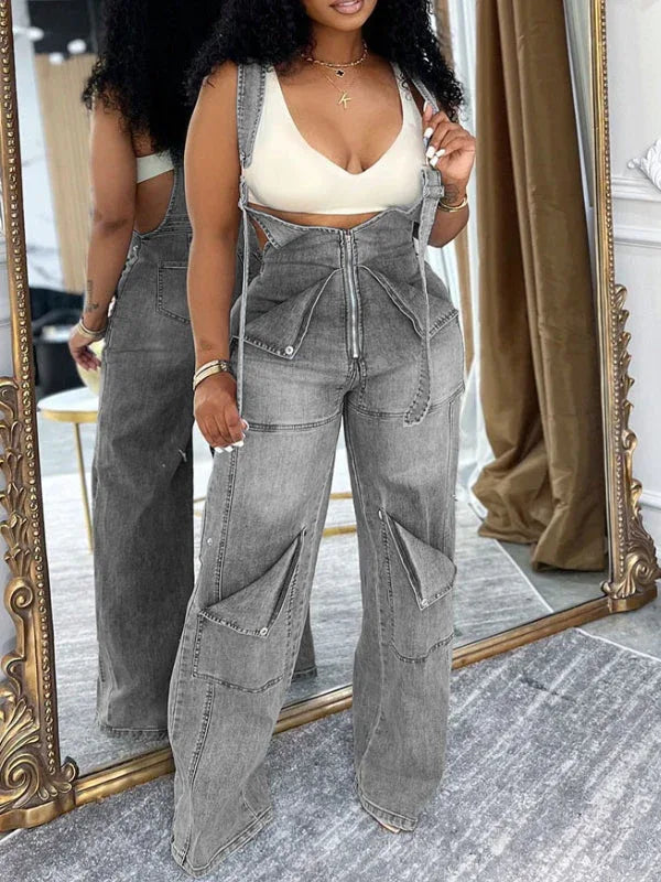 Women's Zip-Front Relaxed Wide-Leg Denim Overalls