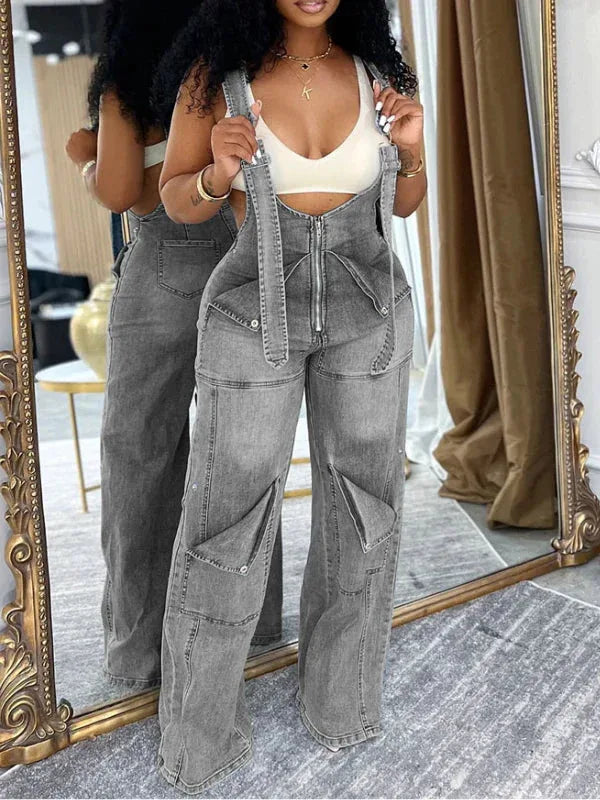 Women's Zip-Front Relaxed Wide-Leg Denim Overalls