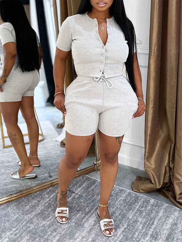 Women's Solid Button-Front Crop Top & High-Waist Shorts Set