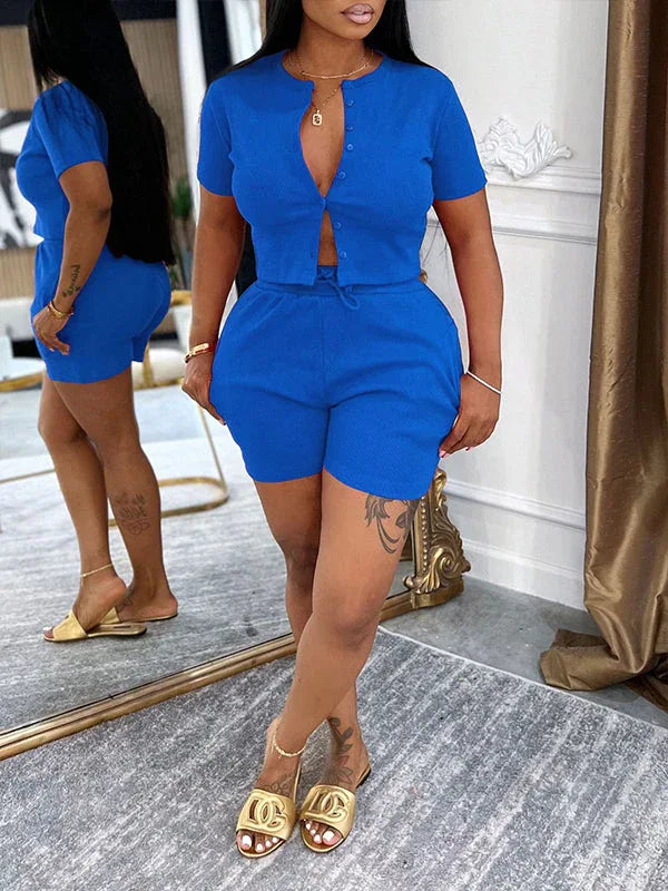 Women's Solid Button-Front Crop Top & High-Waist Shorts Set