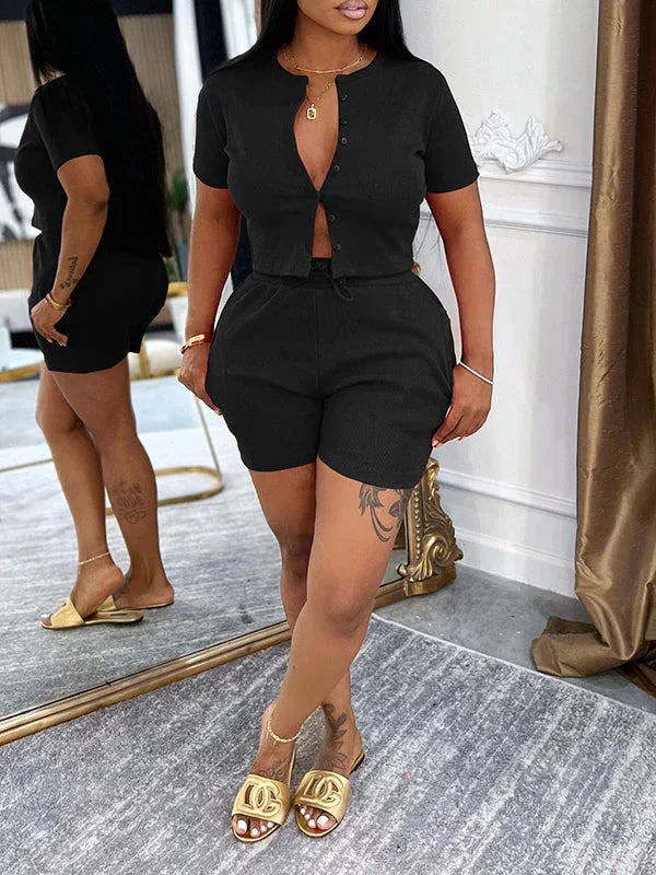 Women's Solid Button-Front Crop Top & High-Waist Shorts Set