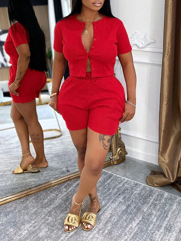 Women's Solid Button-Front Crop Top & High-Waist Shorts Set