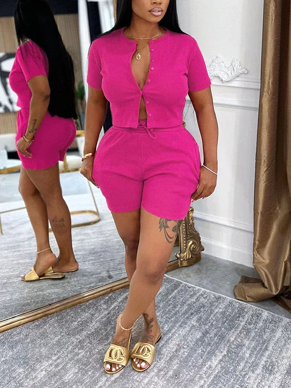 Women's Solid Button-Front Crop Top & High-Waist Shorts Set