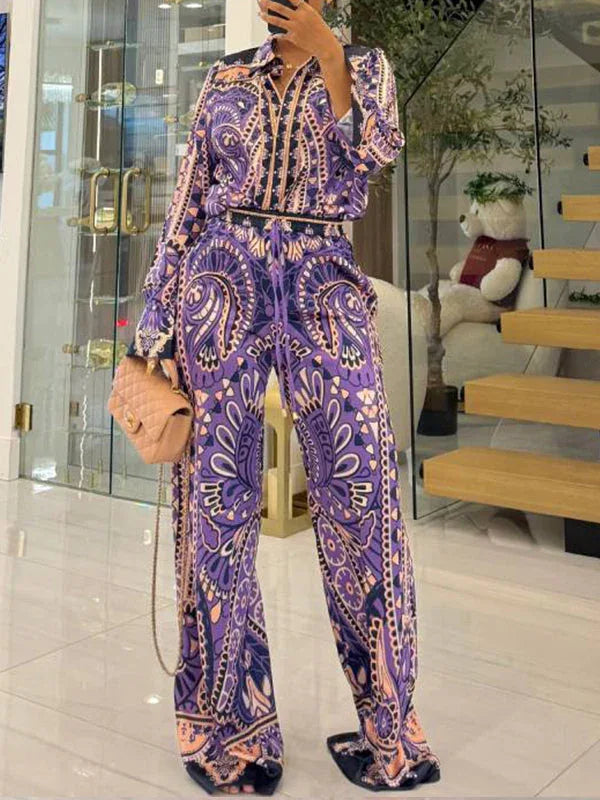 Women's Printed Button-Down Shirt & Relaxed Wide-Leg Pants Set