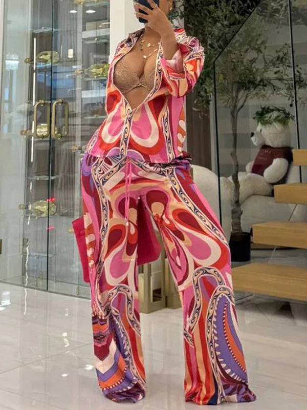 Women's Printed Button-Down Shirt & Relaxed Wide-Leg Pants Set