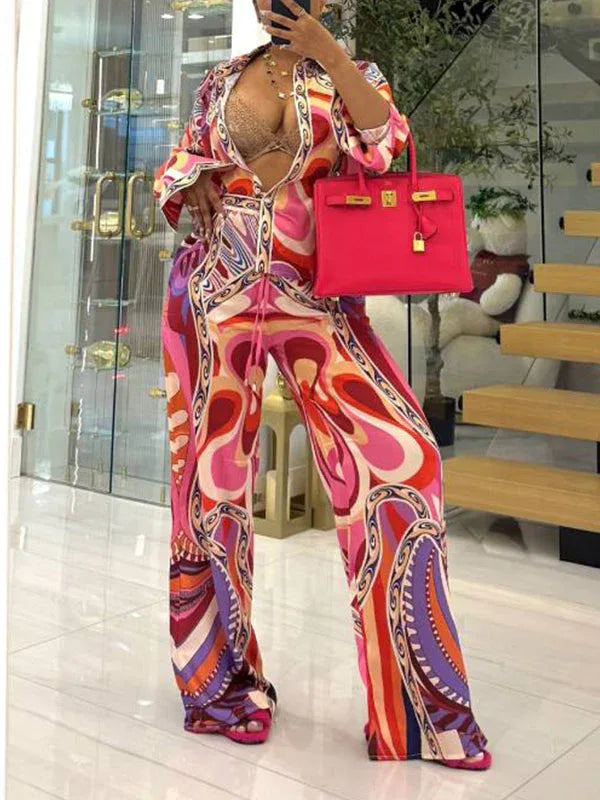 Women's Printed Button-Down Shirt & Relaxed Wide-Leg Pants Set