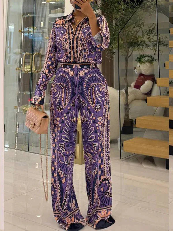 Women's Printed Button-Down Shirt & Relaxed Wide-Leg Pants Set