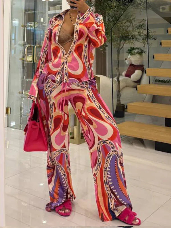 Women's Printed Button-Down Shirt & Relaxed Wide-Leg Pants Set