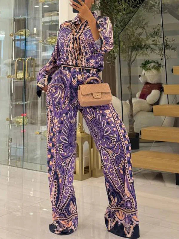 Women's Printed Button-Down Shirt & Relaxed Wide-Leg Pants Set